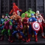 Marvel Legends figures of Captain America, Falcon, Green Goblin, Hulk, Human Torch, Invisible Woman, Iron Man, Lizard, Mr. Fantastic, Spider-Man, The Thing, Thor